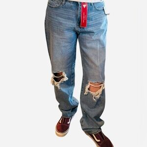 Guess Women's Light Blue Distressed Jeans Size 12 31 High Rise Relaxed Straight